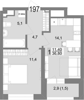 Планировка 1-к.кв, 36,8 м² в ЖК Контрасты