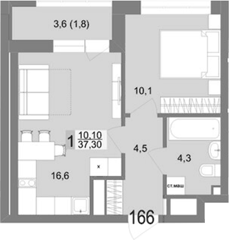 Планировка 1-к.кв, 37,3 м² в ЖК Контрасты