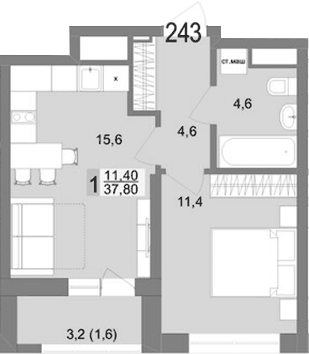 Планировка 1-к.кв, 37,8 м² в ЖК Контрасты