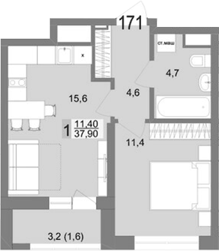 Планировка 1-к.кв, 37,9 м² в ЖК Контрасты