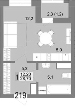 Планировка Студия, 28,7 м² в ЖК Контрасты