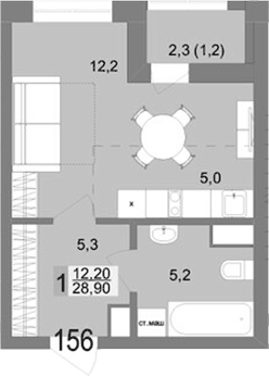 Планировка Студия, 28,9 м² в ЖК Контрасты