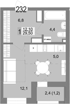 Планировка Студия, 29,5 м² в ЖК Контрасты