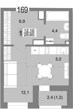 Планировка Студия, 29,6 м² в ЖК Контрасты