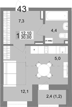 Планировка Студия, 30 м² в ЖК Контрасты