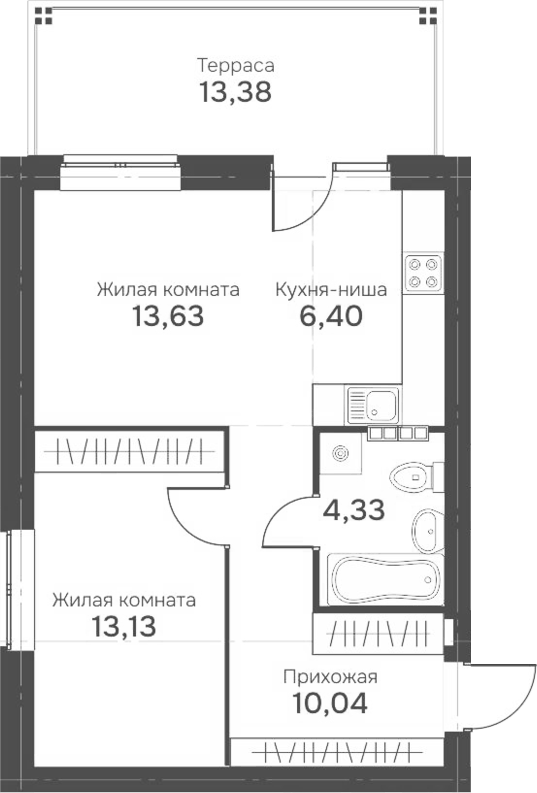 Планировка 2Е-к.кв, 51,54 м² в ЖК Культура