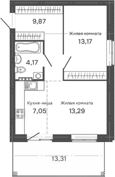 Планировка 2Е-к.кв, 51,54 м² в ЖК Культура
