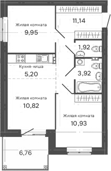 Планировка 3Е-к.кв, 55,91 м² в ЖК Культура