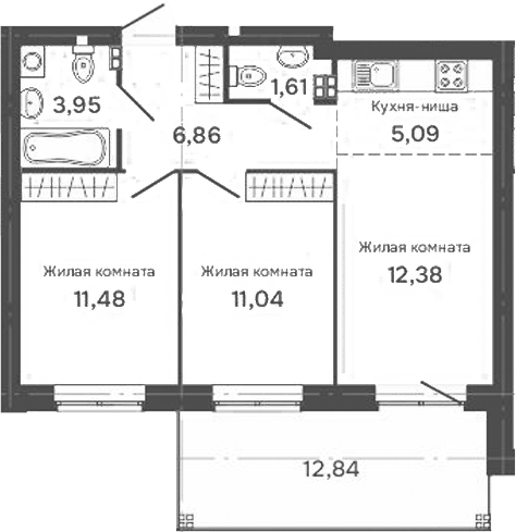 Планировка 3Е-к.кв, 56,26 м² в ЖК Культура