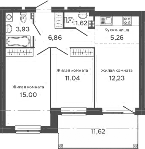 Планировка 3Е-к.кв, 59,43 м² в ЖК Культура