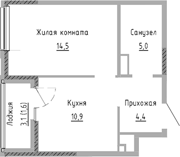 Планировка 1-к.кв, 36,4 м² в ЖК Курчатов