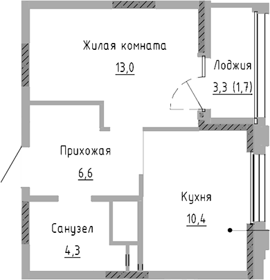 Планировка 1-к.кв, 36 м² в ЖК Курчатов
