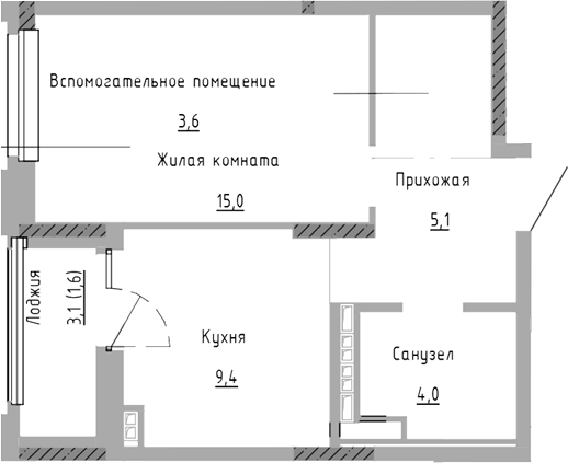 Планировка 1-к.кв, 38,7 м² в ЖК Курчатов