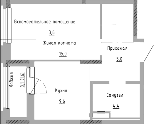 Планировка 1-к.кв, 39,2 м² в ЖК Курчатов