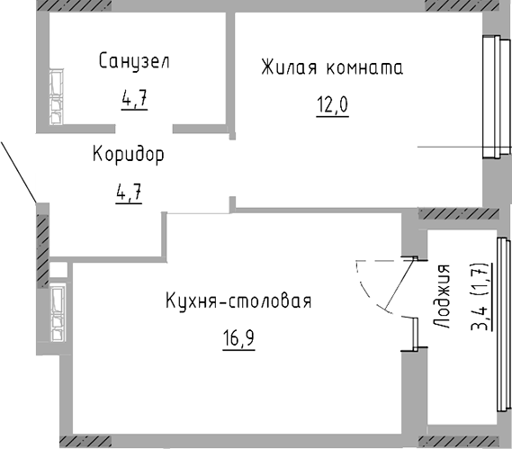 Планировка 2Е-к.кв, 40 м² в ЖК Курчатов