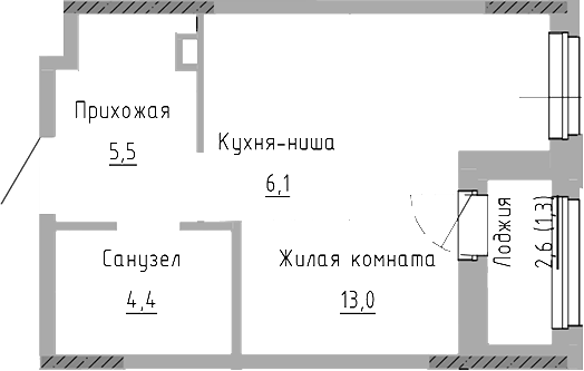 Планировка Студия, 30,3 м² в ЖК Курчатов