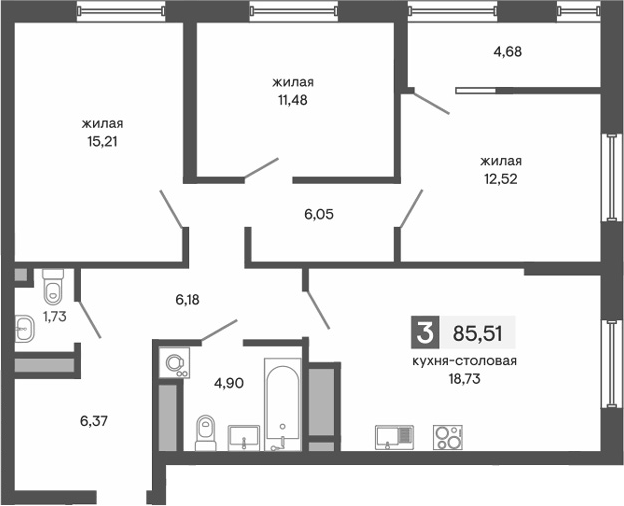 Планировка 4Е-к.кв, 85,51 м² в ЖК Куйбышева 100