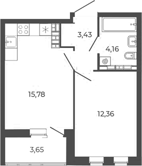Планировка 2Е-к.кв, 39,38 м² в ЖК Квартал 12
