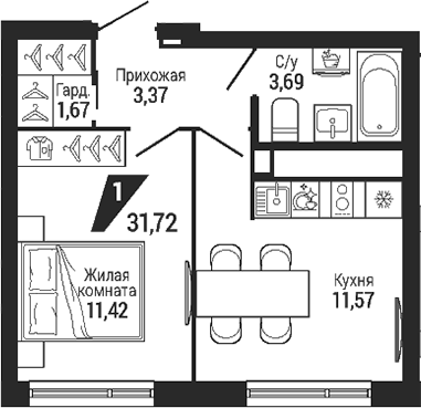 Планировка 1-к.кв, 31,72 м² в ЖК Квартал Де Геннин