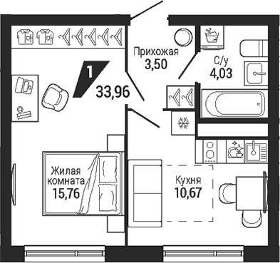 Планировка 1-к.кв, 33,96 м² в ЖК Квартал Де Геннин