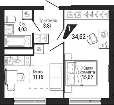 Планировка 1-к.кв, 34,62 м² в ЖК Квартал Де Геннин
