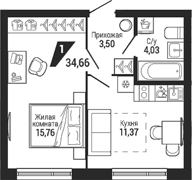 Планировка 1-к.кв, 34,66 м² в ЖК Квартал Де Геннин