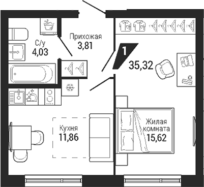 Планировка 1-к.кв, 35,32 м² в ЖК Квартал Де Геннин
