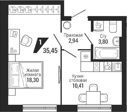 Планировка 1-к.кв, 35,45 м² в ЖК Квартал Де Геннин