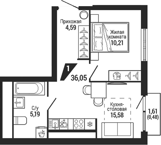 Планировка 1-к.кв, 36,05 м² в ЖК Квартал Де Геннин