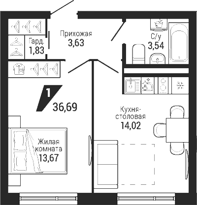 Планировка 1-к.кв, 36,69 м² в ЖК Квартал Де Геннин