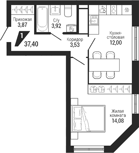 Планировка 1-к.кв, 37,4 м² в ЖК Квартал Де Геннин