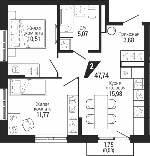 Планировка 2-к, 47,74 м² в ЖК Квартал Де Геннин