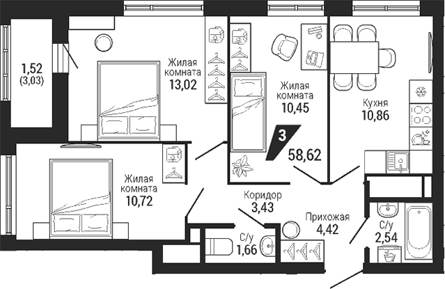 Планировка 3-к, 58,62 м² в ЖК Квартал Де Геннин