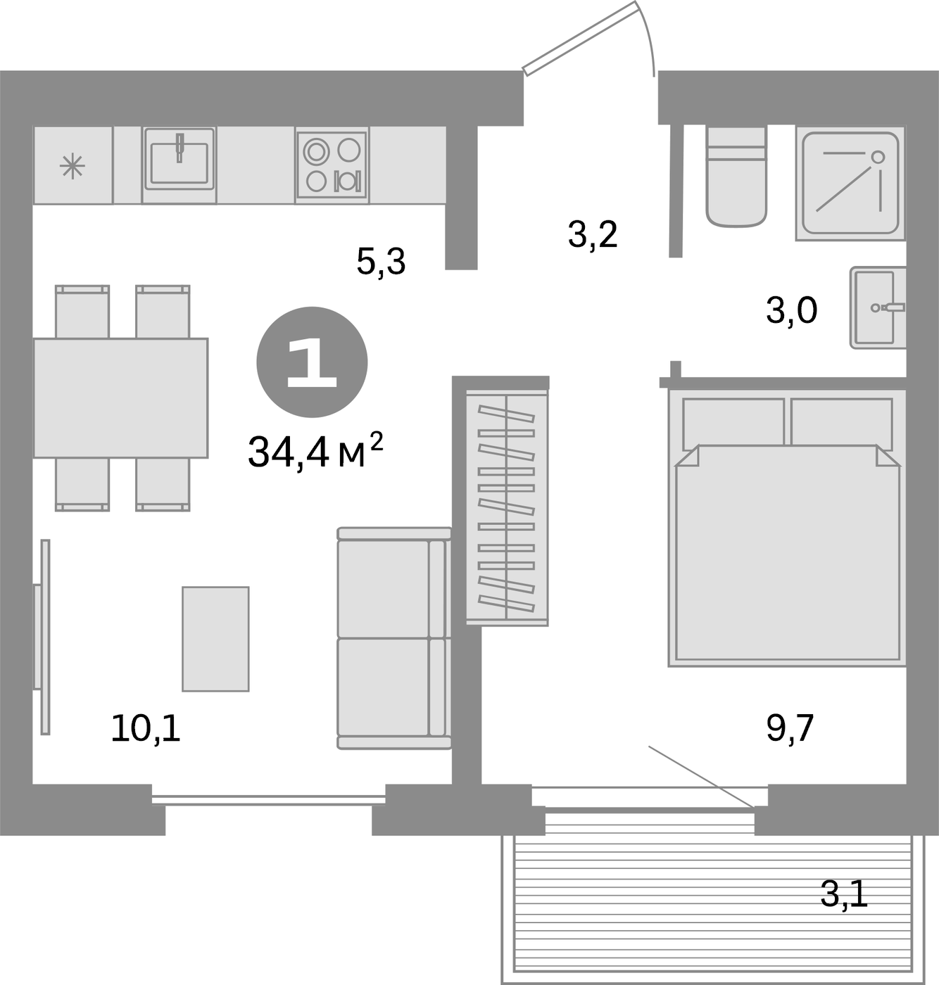 Планировка 2Е-к.кв, 34.5 м² в ЖК Квартал Депо