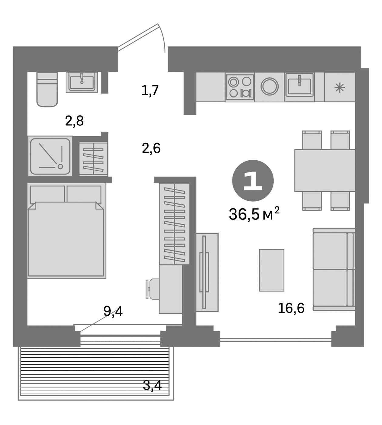 Планировка 2Е-к.кв, 36.5 м² в ЖК Квартал Депо