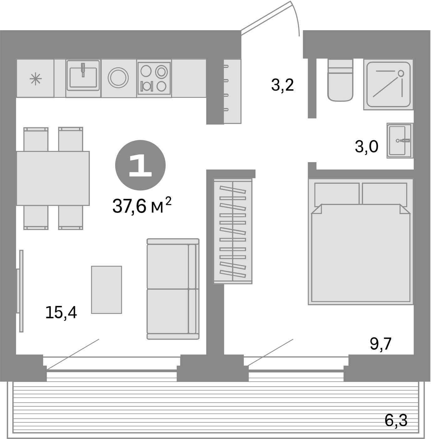 Планировка 2Е-к.кв, 37.6 м² в ЖК Квартал Депо