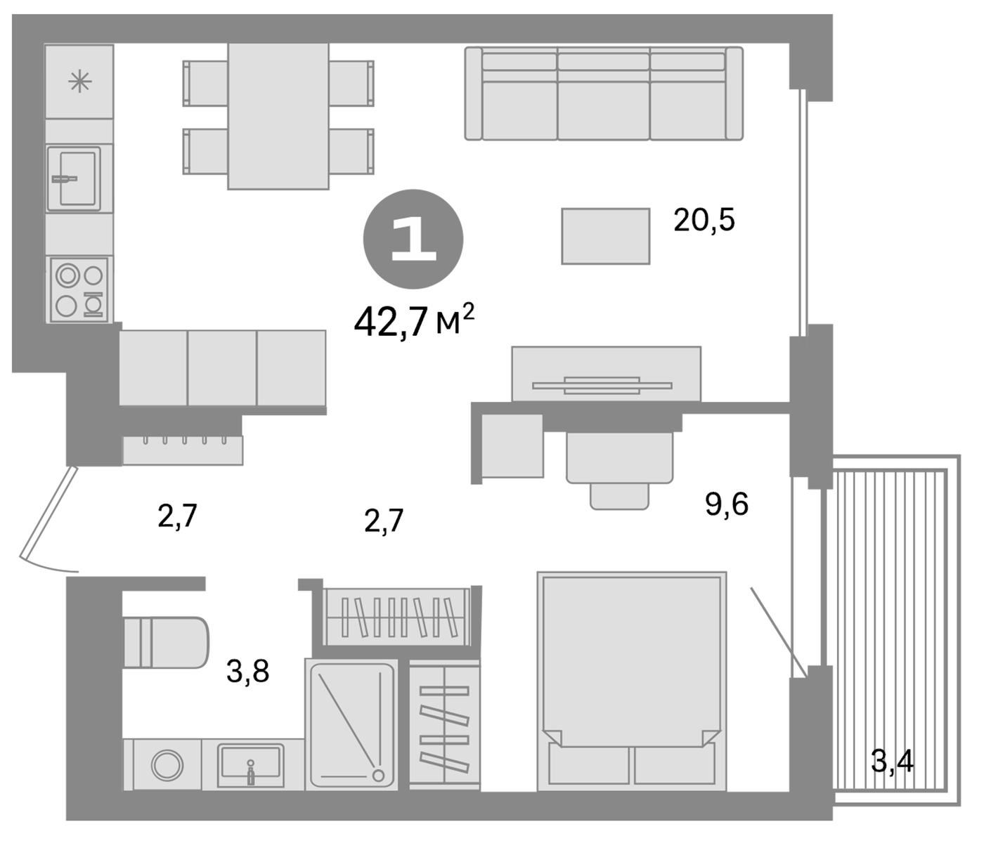 Планировка 2Е-к.кв, 42.7 м² в ЖК Квартал Депо