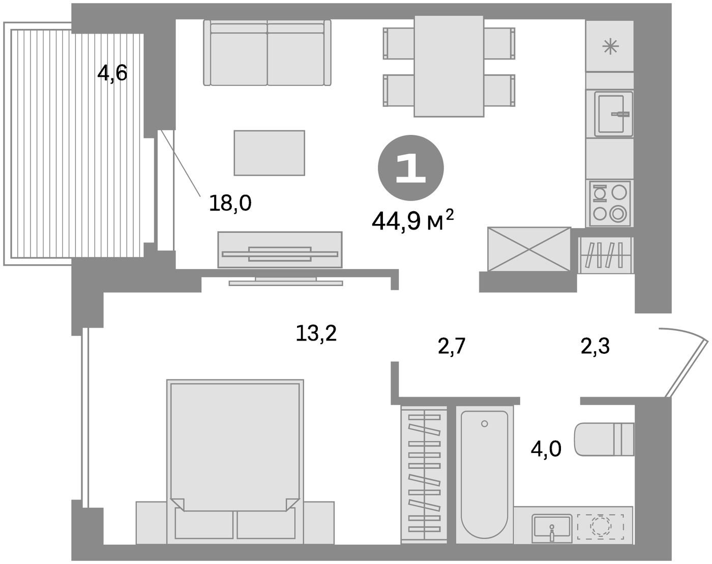 Планировка 2Е-к.кв, 44.9 м² в ЖК Квартал Депо