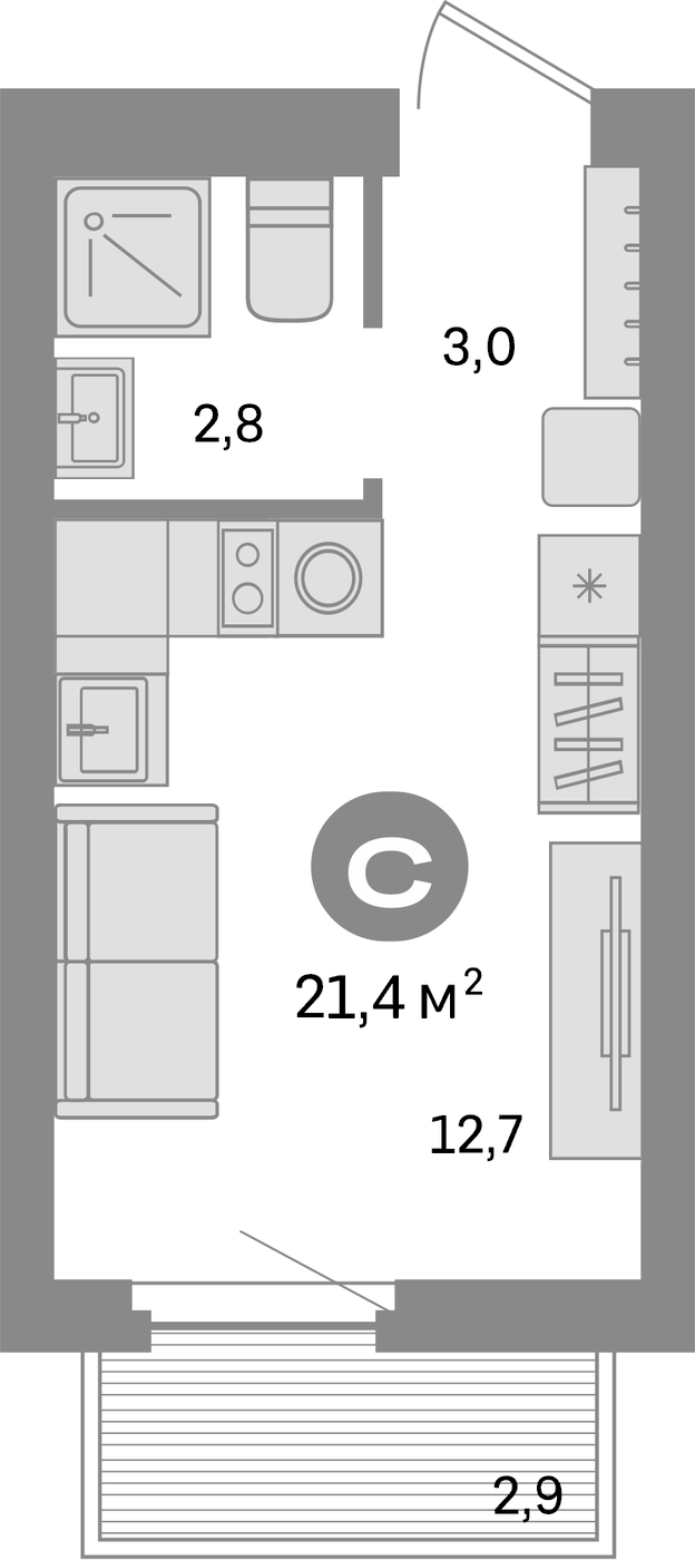 Планировка Студия, 21.4 м² в ЖК Квартал Депо
