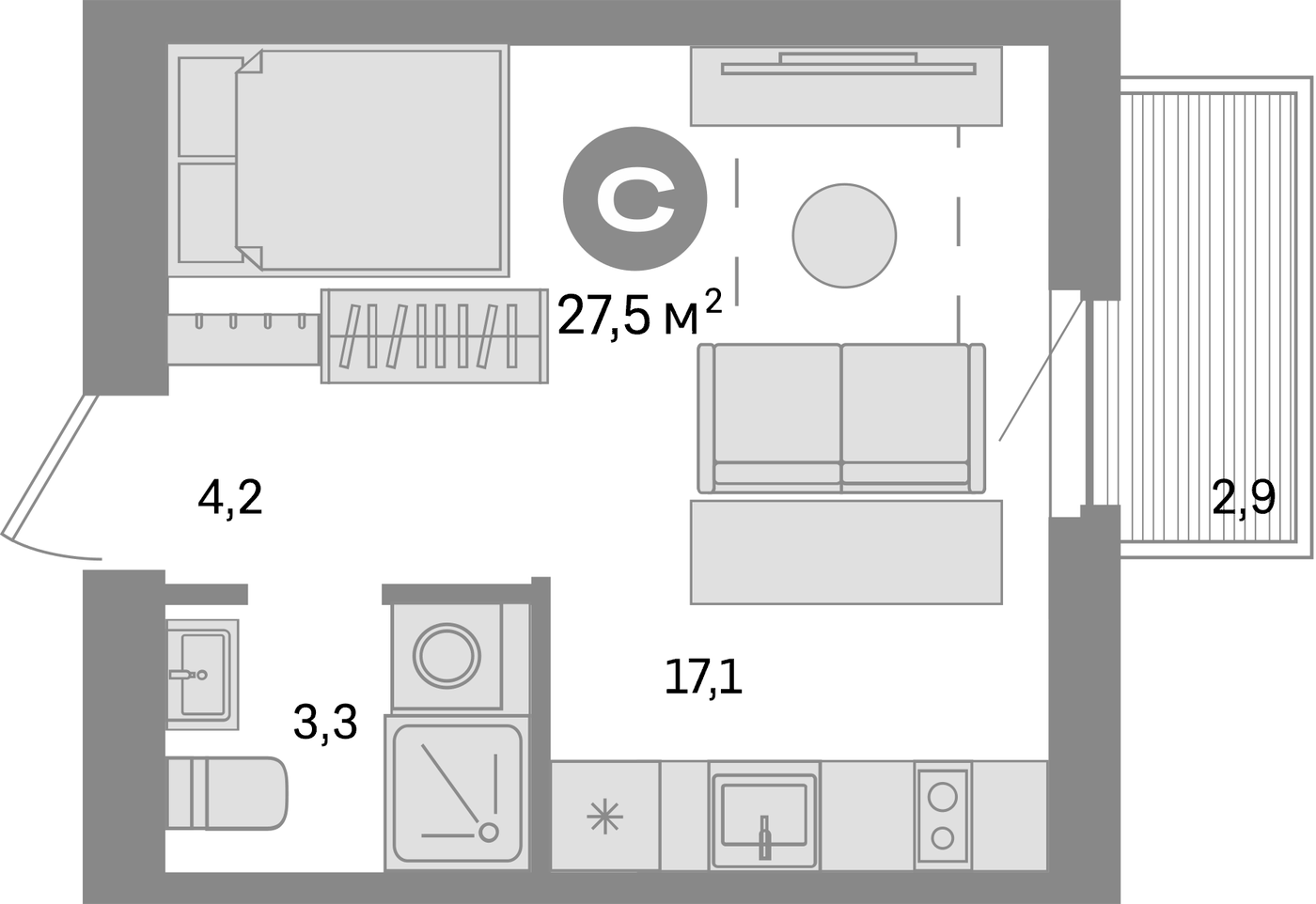 Планировка Студия, 27.5 м² в ЖК Квартал Депо