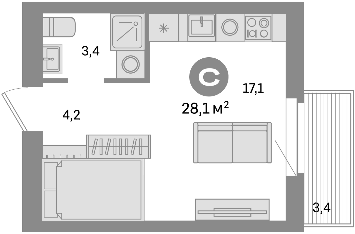 Планировка Студия, 28.1 м² в ЖК Квартал Депо