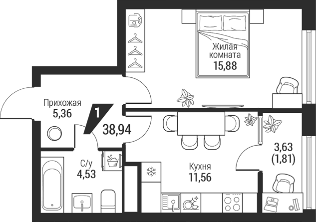 Планировка 1-к.кв, 38,94 м² в ЖК Квартал К100