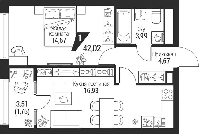 Планировка 1-к.кв, 42,02 м² в ЖК Квартал К100