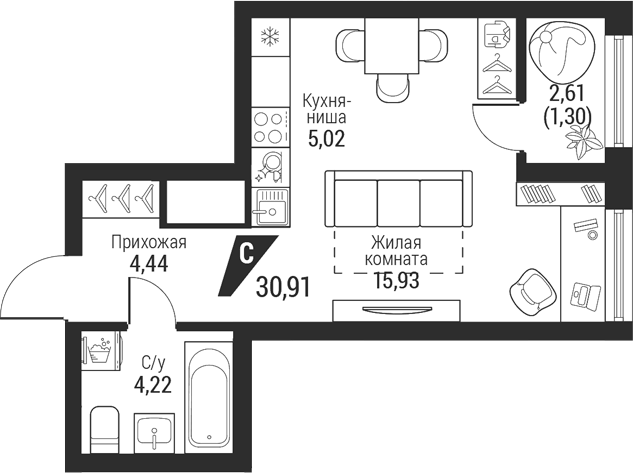 Планировка Студия, 30,91 м² в ЖК Квартал К100