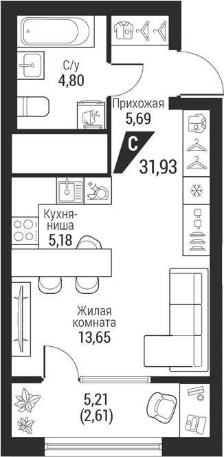 Планировка Студия, 31,93 м² в ЖК Квартал К100