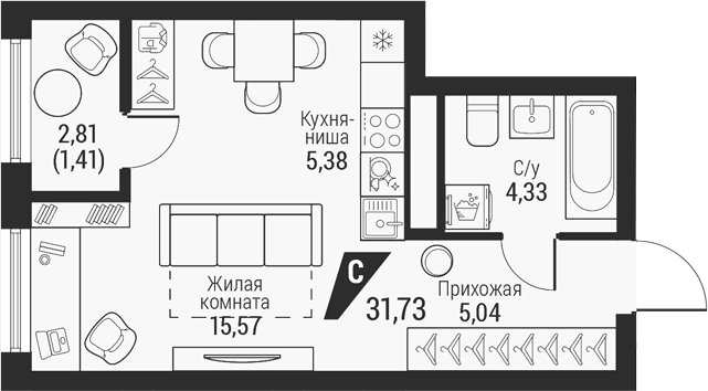 Планировка Студия, 31 м² в ЖК Квартал К100