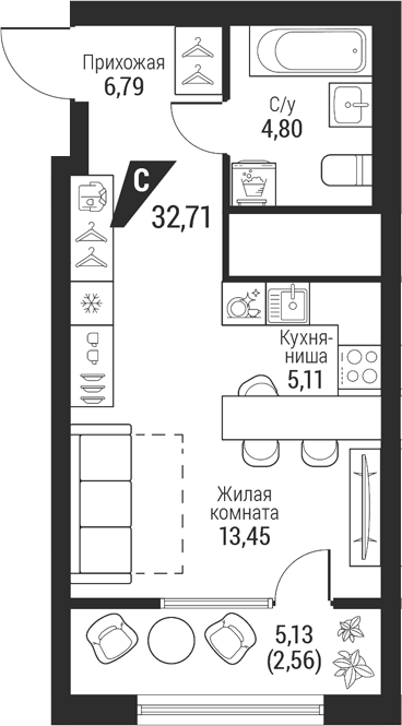 Планировка Студия, 32,71 м² в ЖК Квартал К100