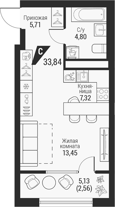 Планировка Студия, 33,84 м² в ЖК Квартал К100