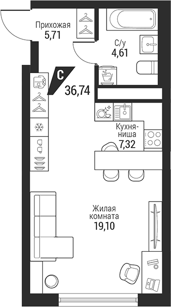Планировка Студия, 36,74 м² в ЖК Квартал К100
