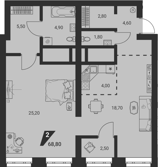 Планировка Планировка 2Е-к.кв 68,8 м² в ЖК Квартал К3 в Екатеринбурге в ЖК Квартал К3